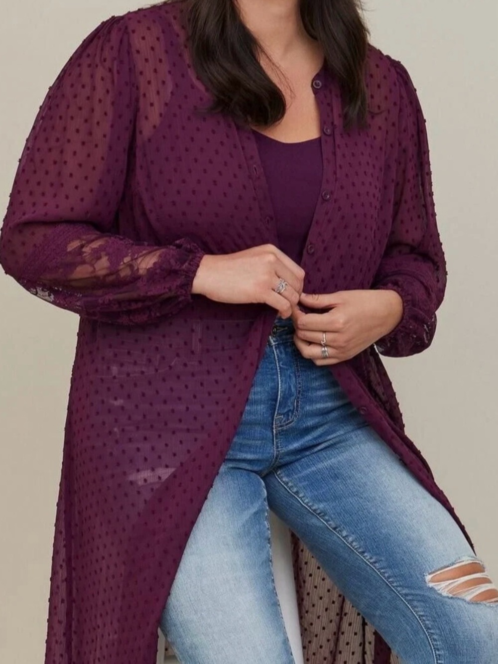 NWT Torrid 2 Clip Dot Lace Accent Button Front Midi Kimono Duster Dress 2X 18/20